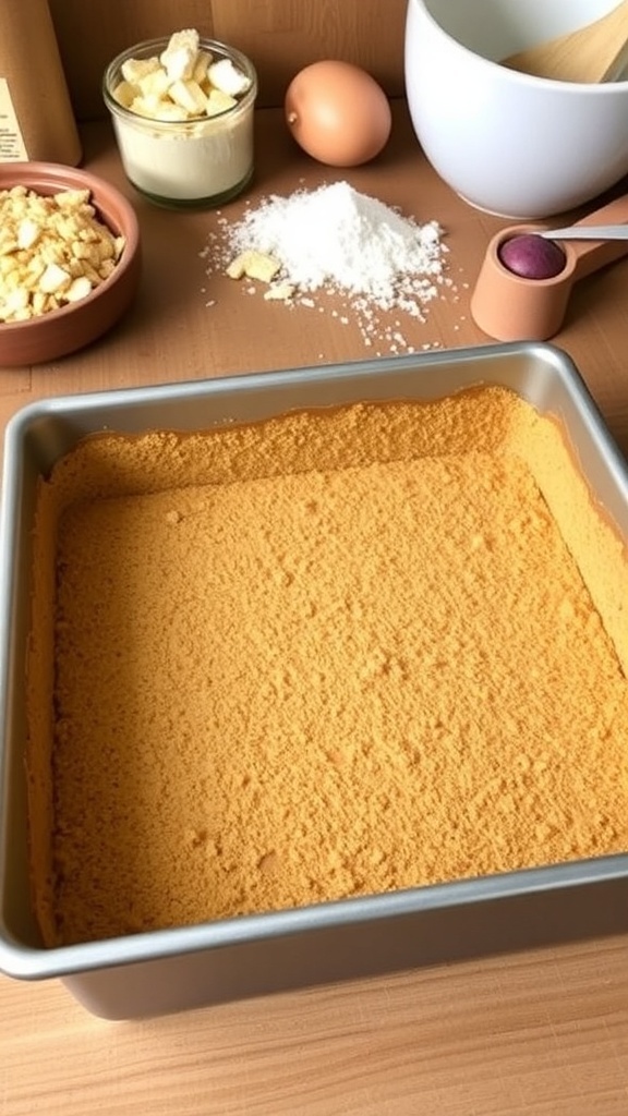 Graham Cracker Crust for 8x8 Pan An 8x8 inch pan filled with a golden graham cracker crust, ready for dessert filling.